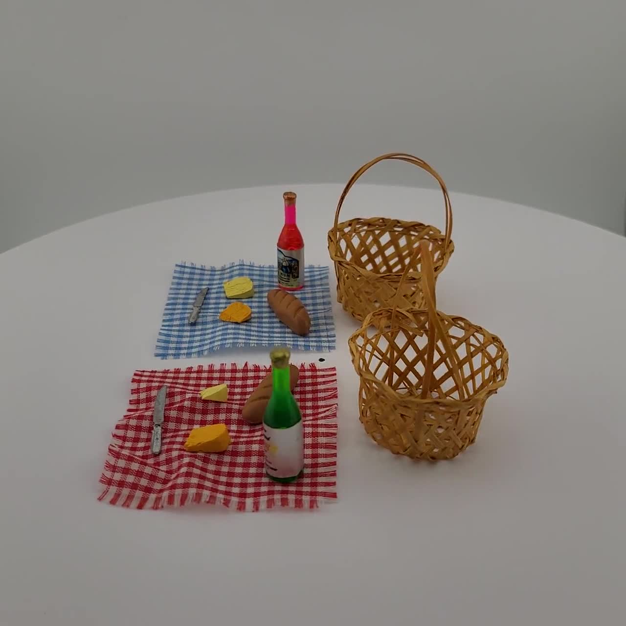 Vintage Miniature Handmade Picnic Basket Set 