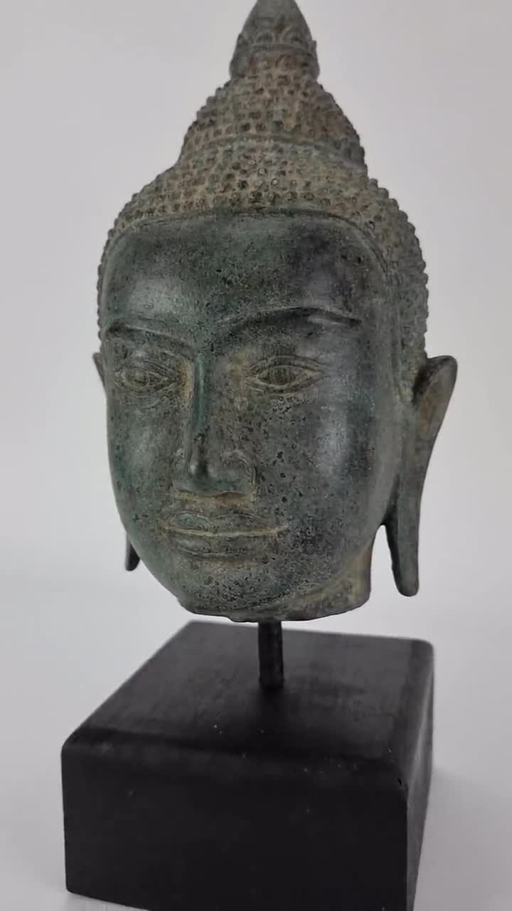 クメールブロンズ仏頭像：カンボジアのアンティークスタイルの装飾