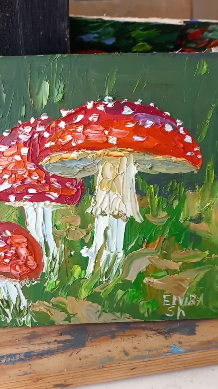 Fly mushrooms painting store Art gift amanita Artwork red toadstool fly agaric art 5x6.5 inches