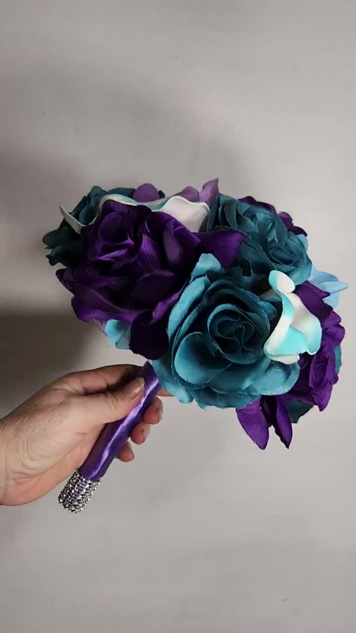 Teal Purple Rose Calla Lily Bridal Wedding Bouquet Accessories 