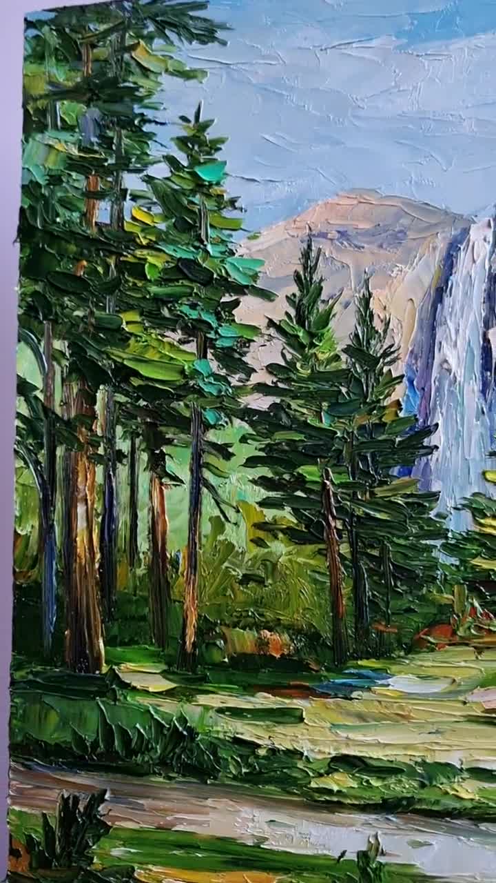 ヨセミテの滝の絵画、山の風景画、森の絵画、ヨセミテ国立公園の