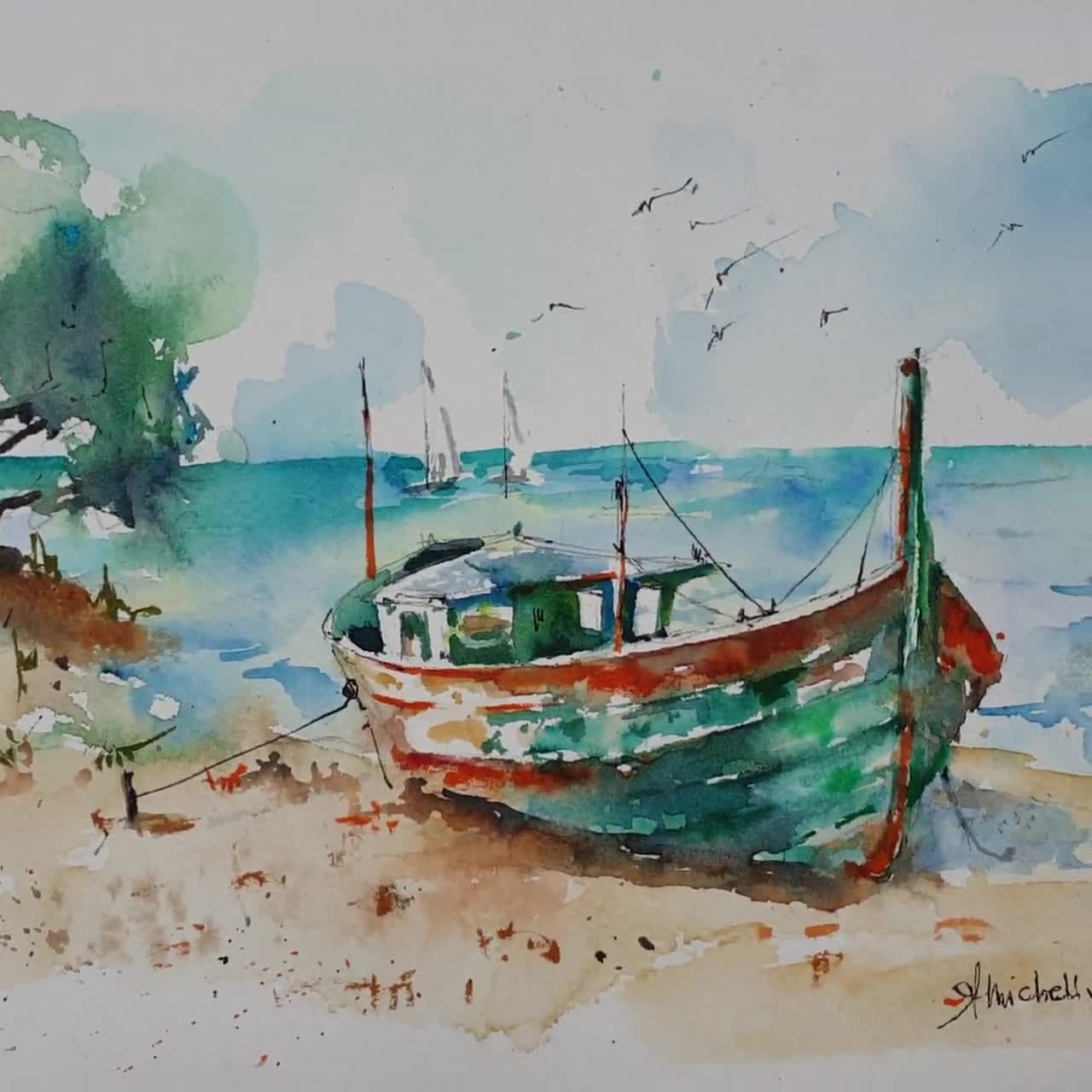 fishing boat original watercolor, nautical home decor, old wooden boat  artwork, boat on low tide art, fishermen ship art, coastal painting