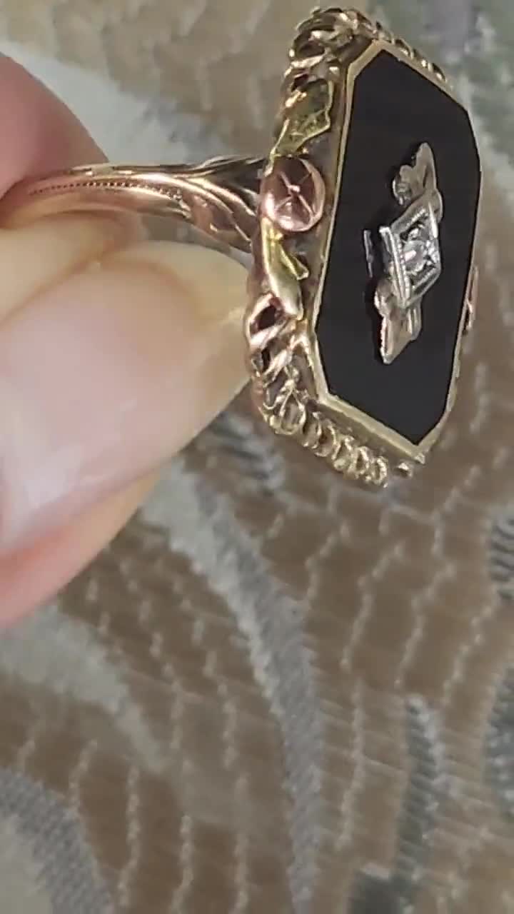 Vintage Onyx Ring Melee Diamond Accent Ring 10K Tri-colored