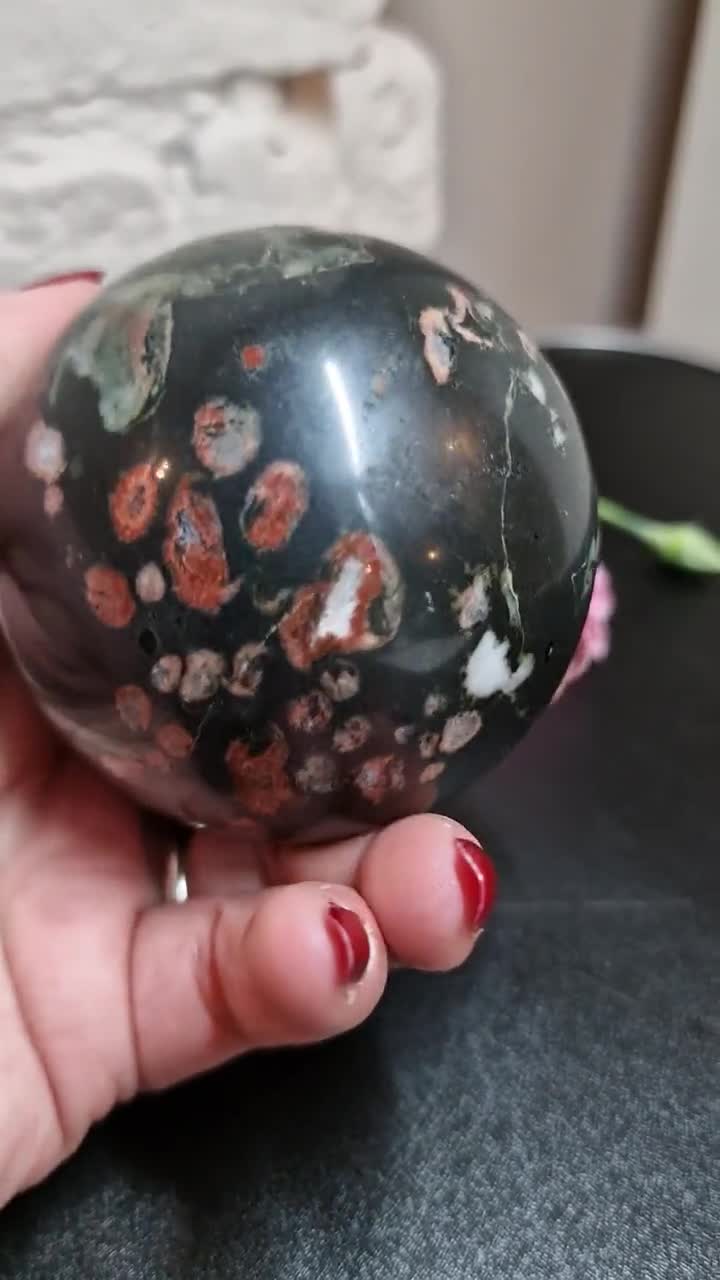 Plum Blossom Jasper Sphere: Calming Nurturing Crystal (516g, 6.8cm
