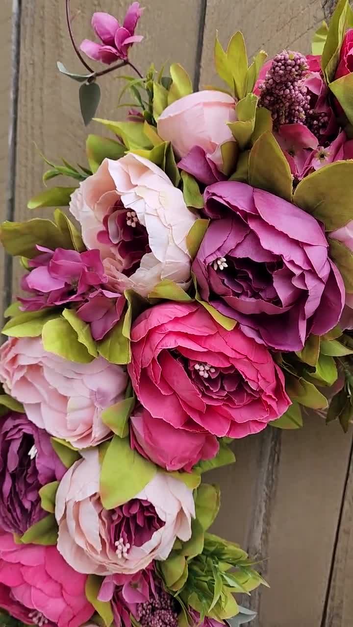 Pink peonies, yellow tulips spring wreath – Buttons & Burlap LLC