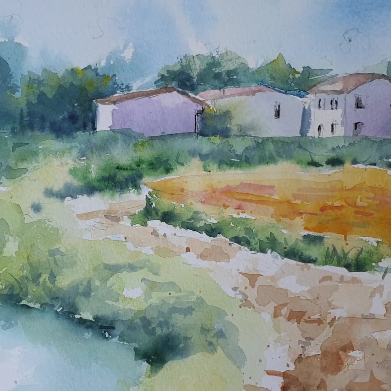 イタリアの田舎の風景オリジナル水彩画、イタリアの風景アートワーク