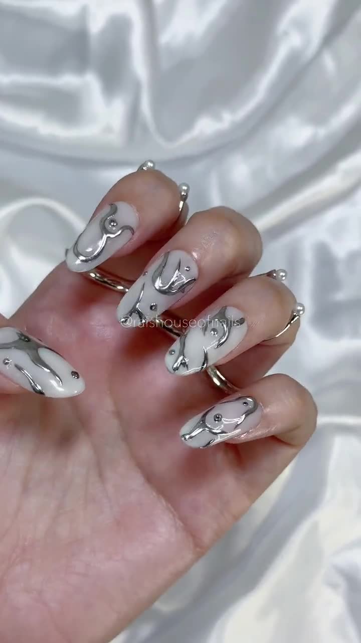 Tribal Press on Nails Silver Nails Press on Nails Chrome Gyaru Nails Milky  Nails Chrome Nail Art Silver Gems Nails Fake Nails Y2k Nails Goth 