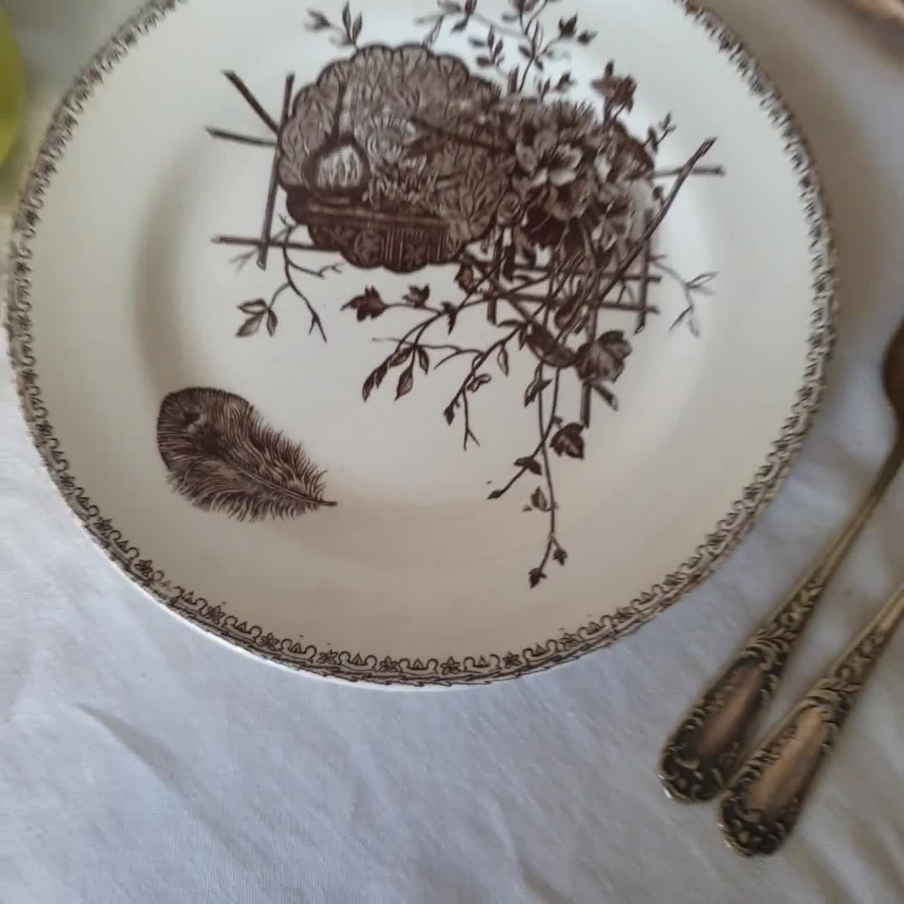 Antique French Transferware Plates, Peacock Floral Design, Set of
