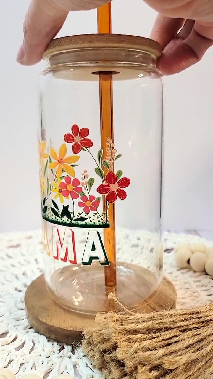 Glass Cup Bamboo Lid, Boho Flowers Tumbler, Floral Abstract Art Cup,  Aesthetic Beer Can Glass With Lid and Straw, Mothers Day Gift, UV Dtf 