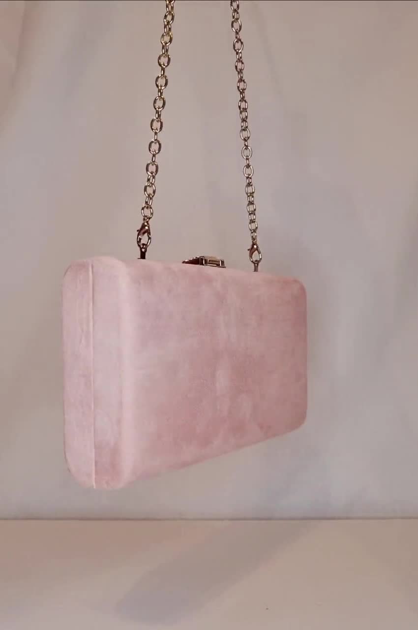 Blush Baby Pink Faux Suede Gold Leaf Embellished Evening Clutch Bag