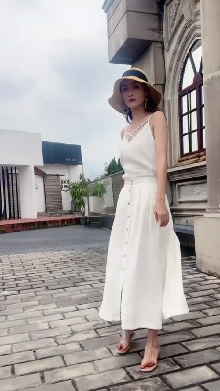 White Linen Skirt, Linen Midi Skirt, Button Front Skirt