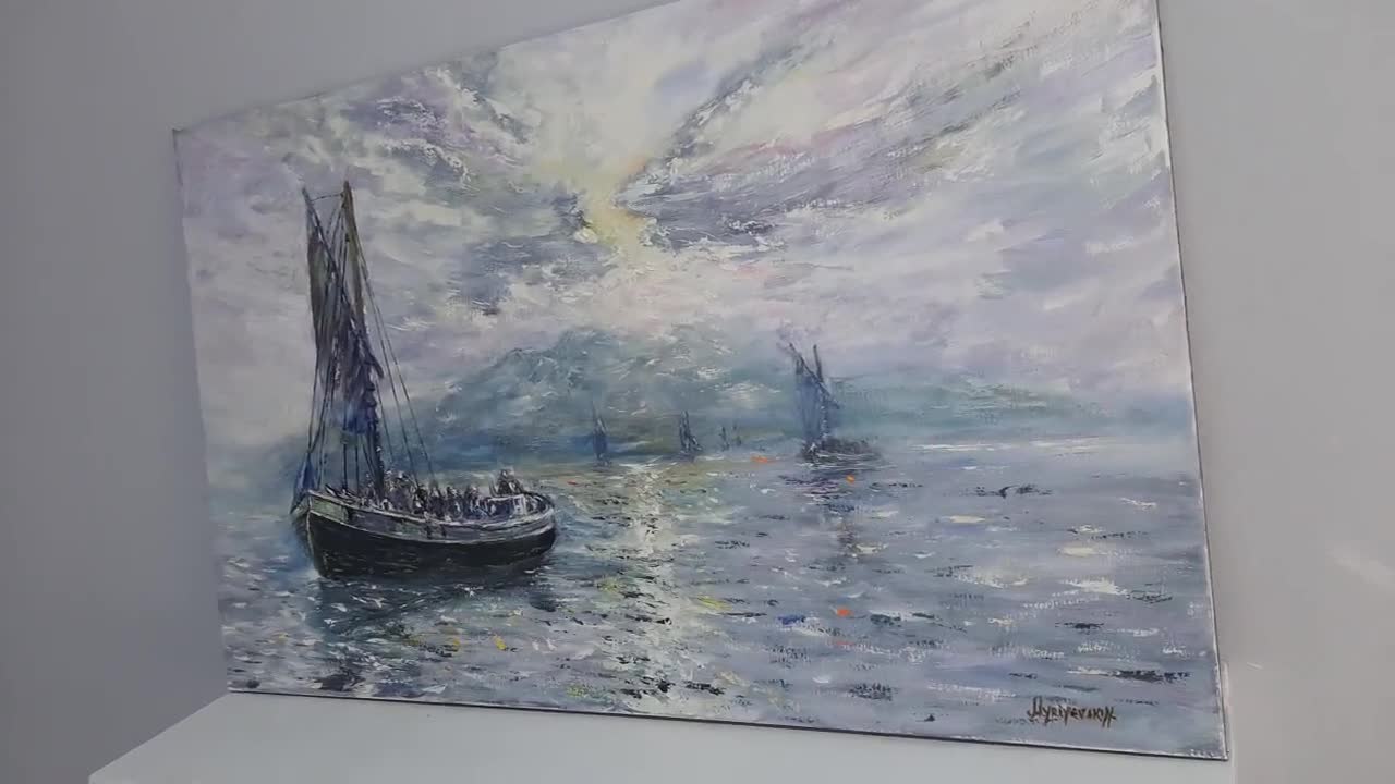 Dipinto magico di paesaggi marini su tela, dipinto di veliero nella nebbia,  dipinto originale, arte impressionista, arte della parete fantasy di navi -   Italia