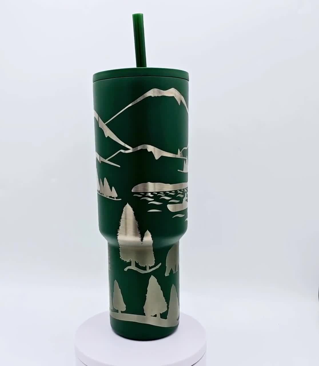 Bigfoot Mountains Lake 40 Oz Handle Tumbler in Deep Forest Green With  Canoe, Bear Deer Trees Personalized Spillproof Straw Hidden Sasquatch 