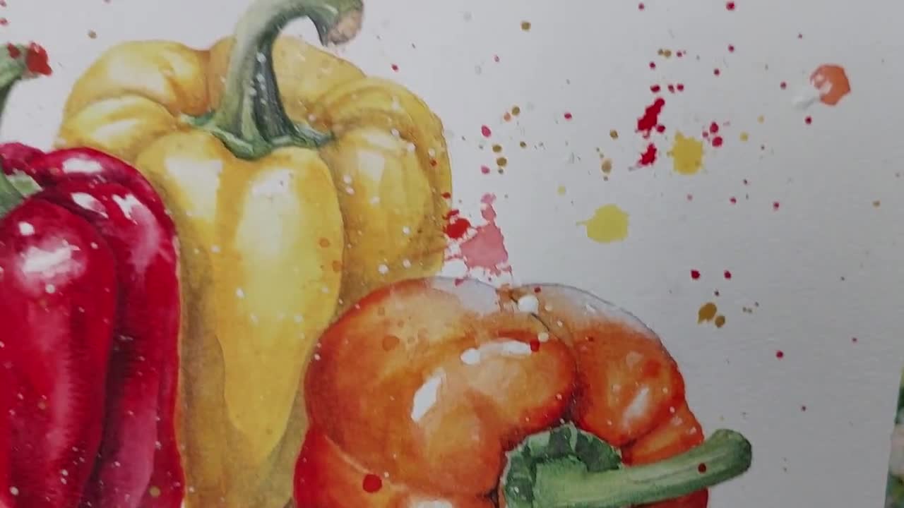 ピーマンママ様絵画３点 3 つのピーマンのオリジナル水彩画、野菜の壁アート、静物画