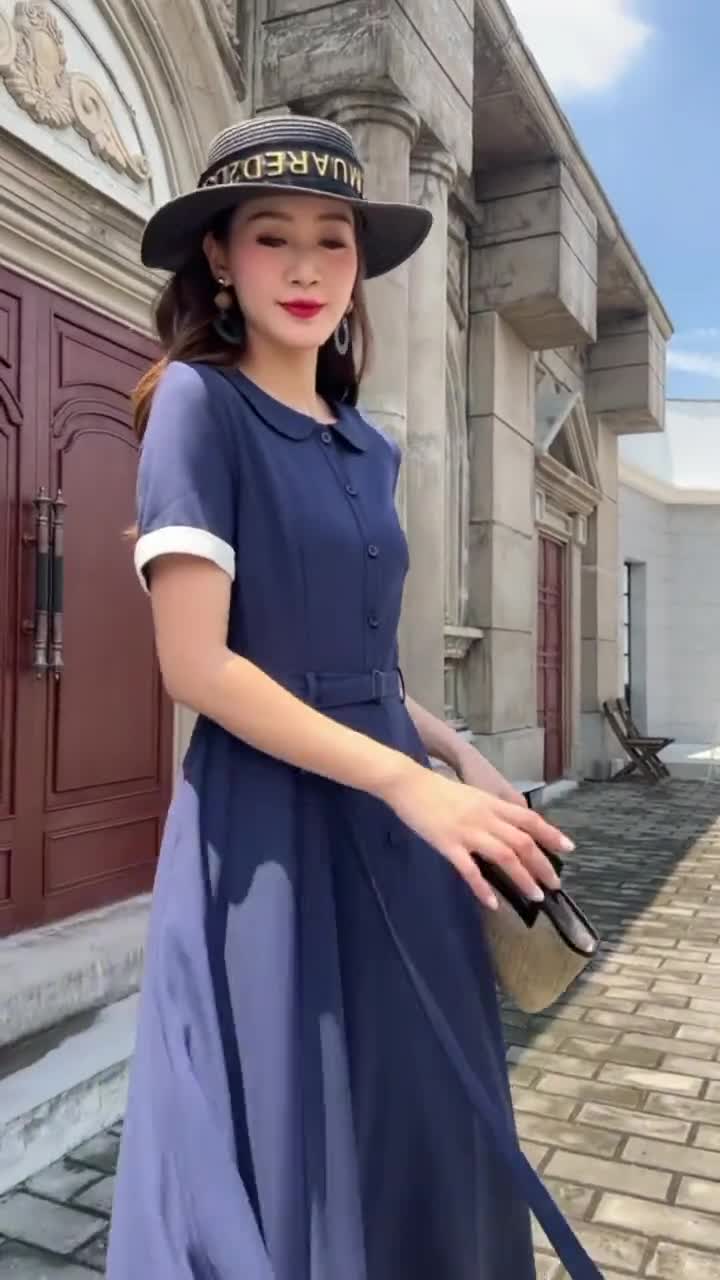 Semi-formal Navy Midi Shirt Dress, Short Sleeve Button up Semi-formal Navy Midi Shirt Dress, Short Sleeve Button up