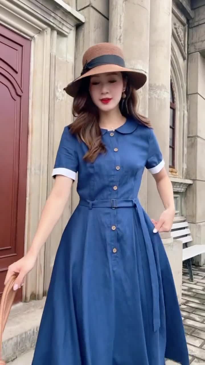 Blue Linen Dress, Linen Midi Shirt Dress, Fit and Flare