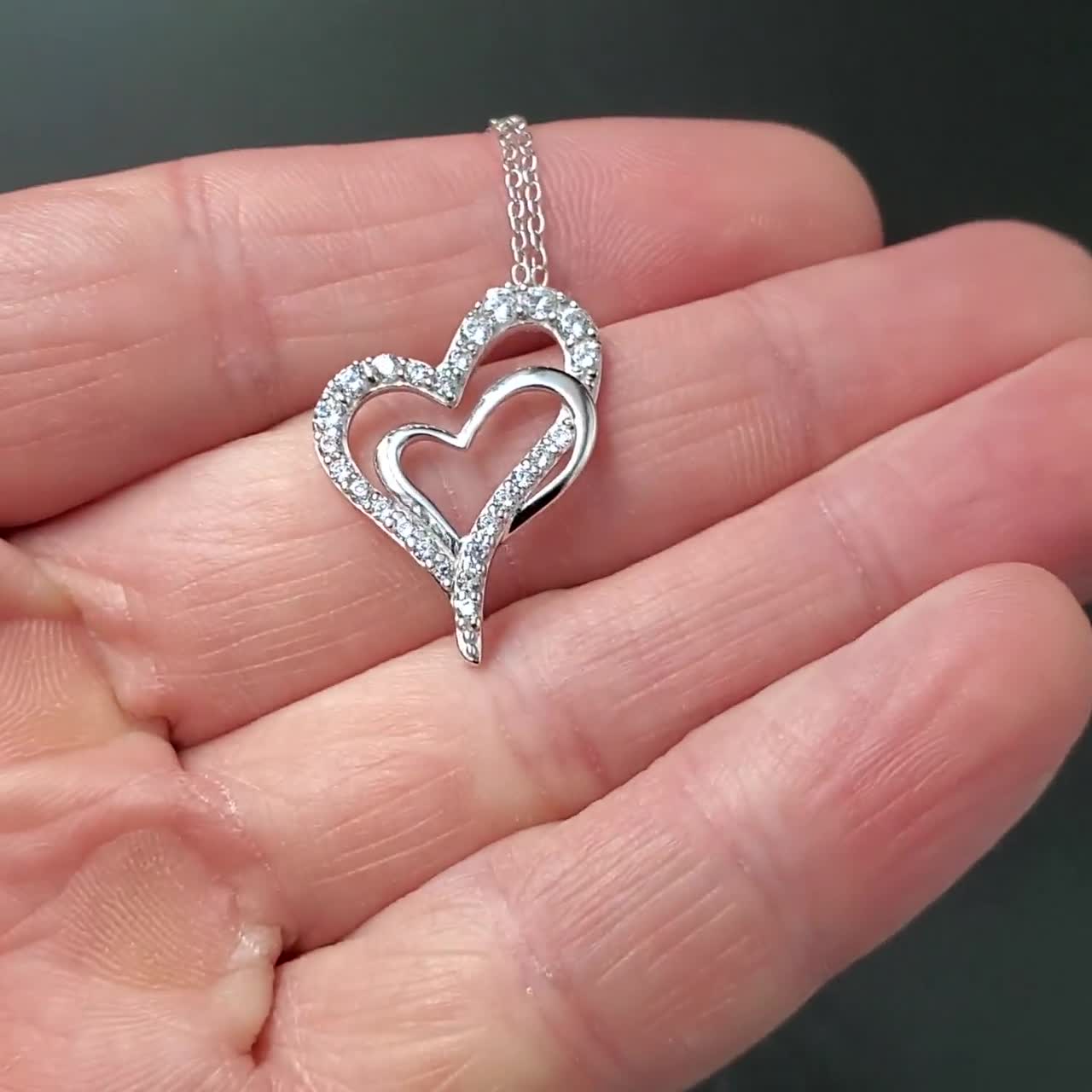 18 Inch Sterling Silver Cubic Zirconia Double Cute Heart