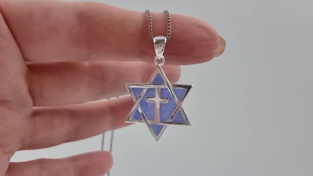 Collana Con Stella Di Davide E Croce In Argento 925, Ciondolo Esagramma Con Opale Blu, Regalo Uomo/donna