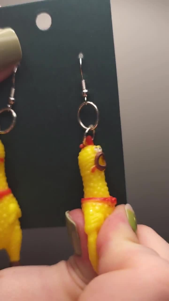 Fun Rubber Chicken Dangle Earrings, Squawking Rooster Jewelry