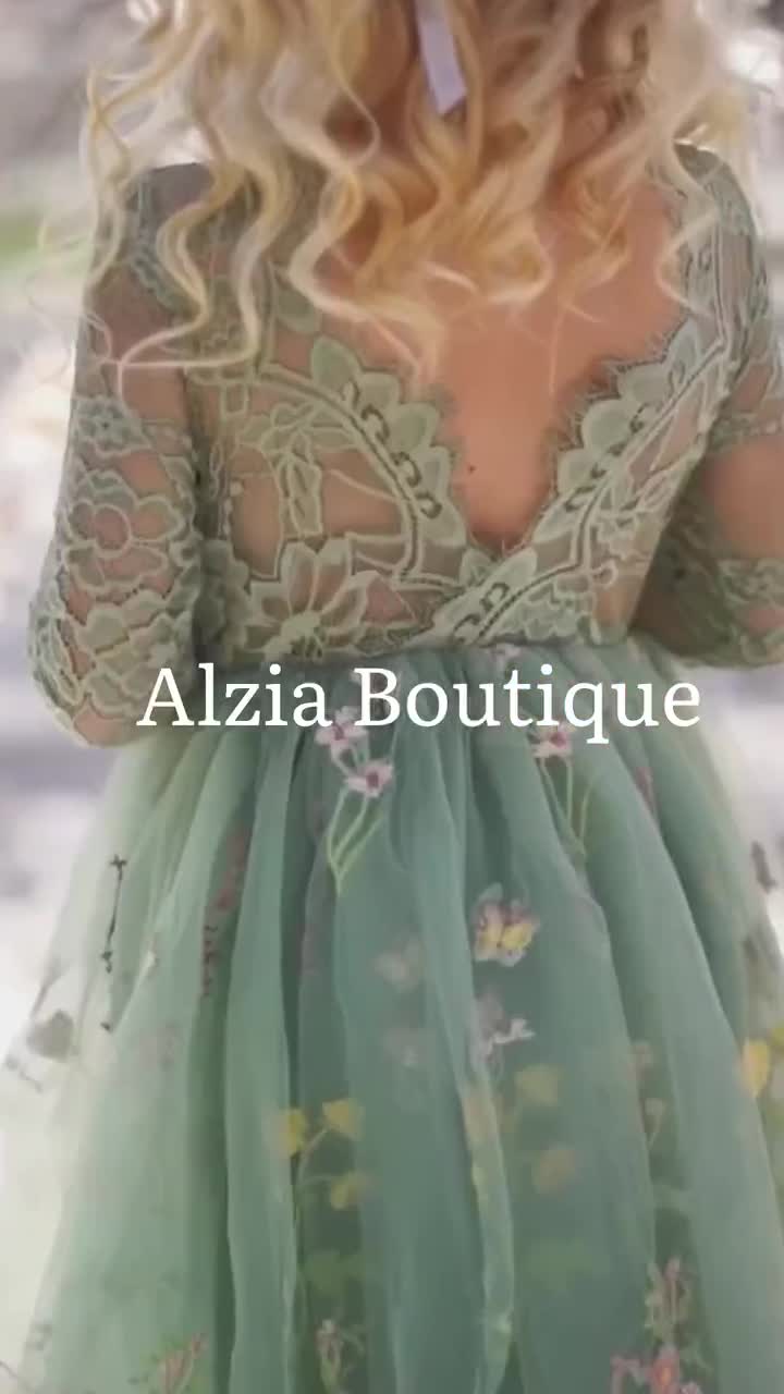 Olive Green Flower Girl Dress – Embroidered Tulle Dress With Lace