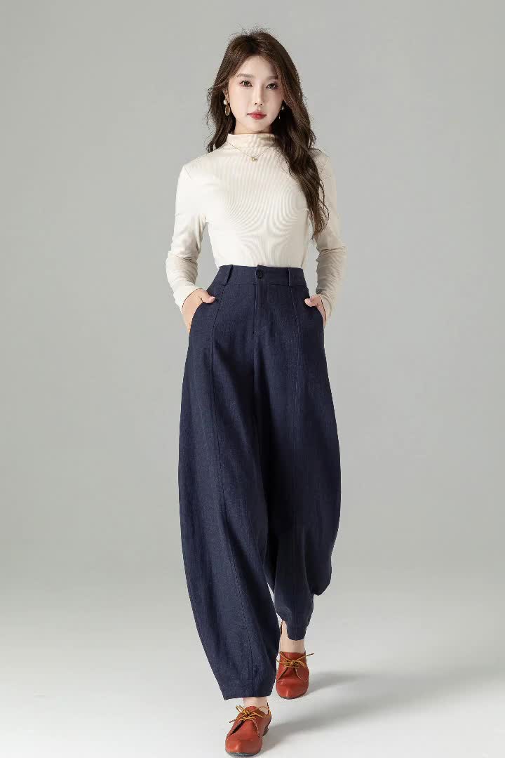 Womens Linen Baggy Pants, Washed Linen Pants, Long Linen Pants