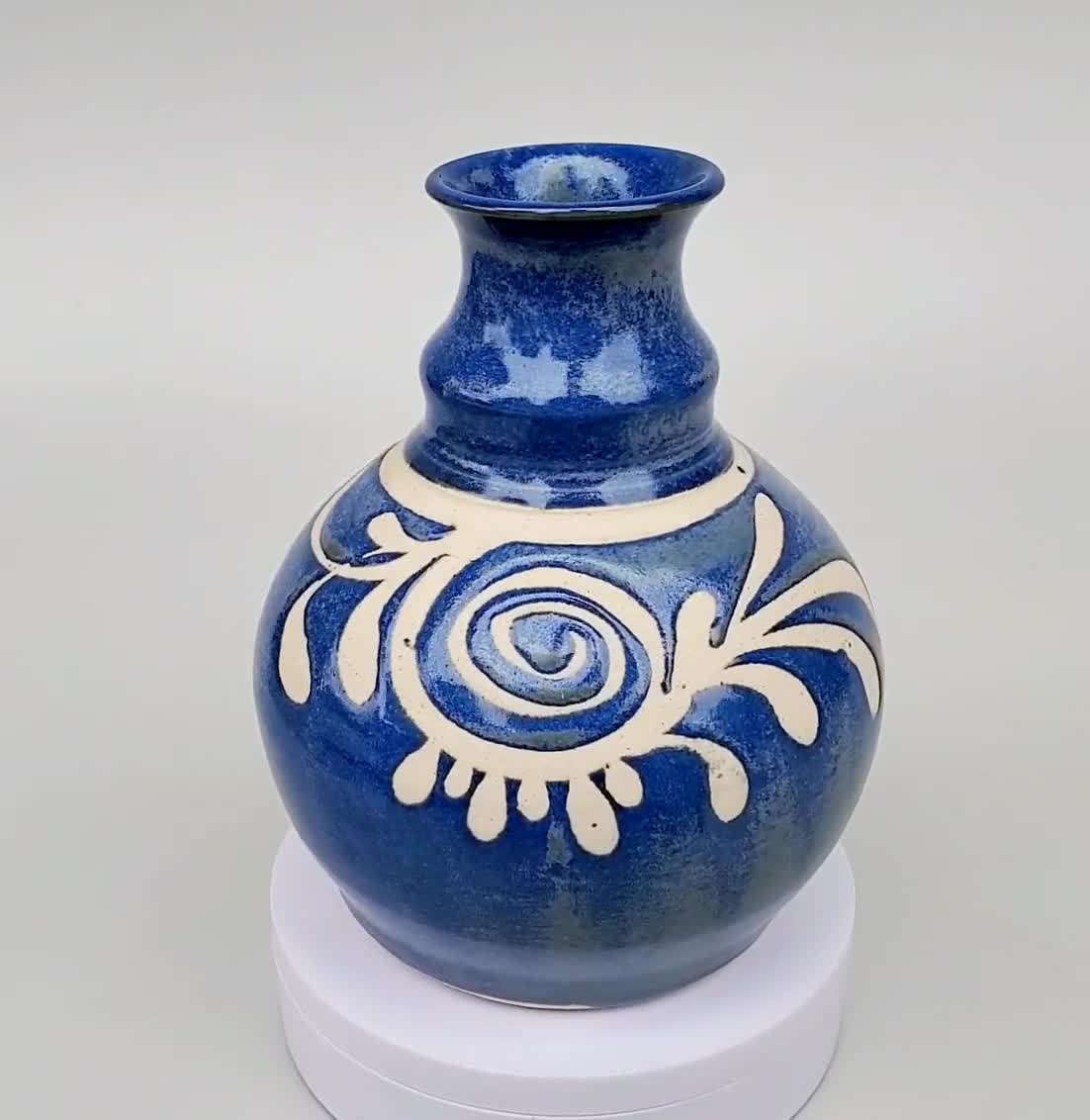 John Schulps California Studio Pottery Vase - Blue Glaze With Gray  Highlights - Fancy Wax Resist Design - MCM California Pottery - 6.5