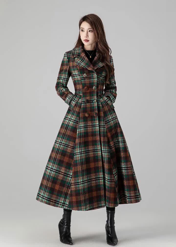 Wool-blend Coat - Brown/black plaid - Ladies