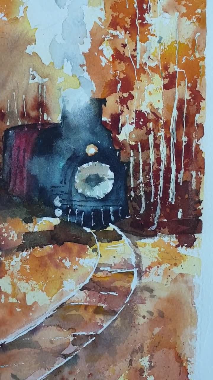 秋の蒸気機関車 オリジナル水彩画 秋の水彩画風景 蒸気機関車の風景 森