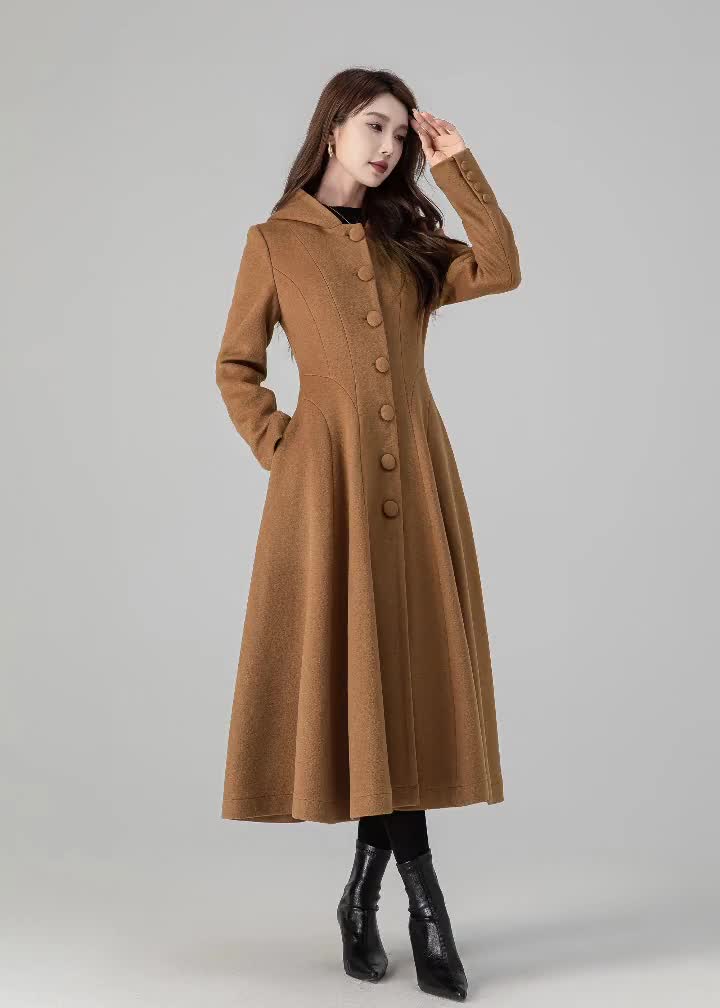 Hooded Wool Coat Women, Blue Wool Winter Coat, Asymmetric Long Wool Coat,  Fit and Flare Coat, Swing Coat, Handmade Coat, Dress Coat C1618 