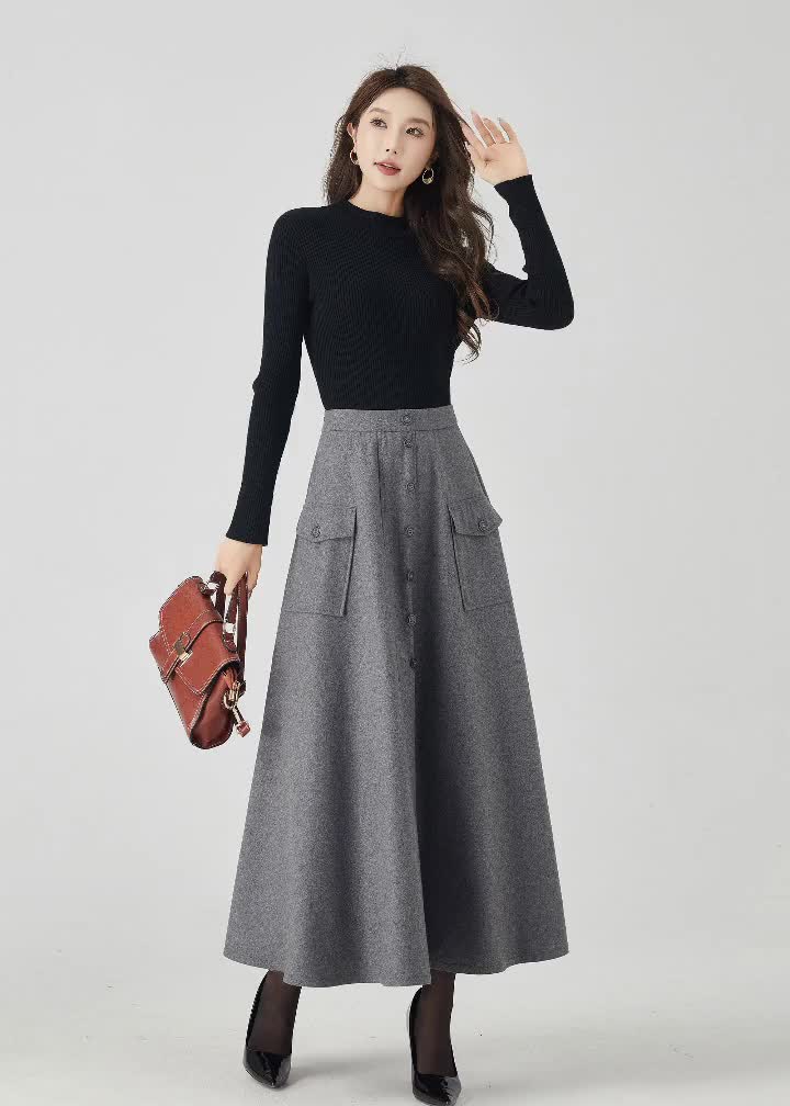 FACADE PATTERN ♥ Summer Wool Pleated Long Skirt Winter Women Long Woolen Skirt Fashion High Waist Basic Wool