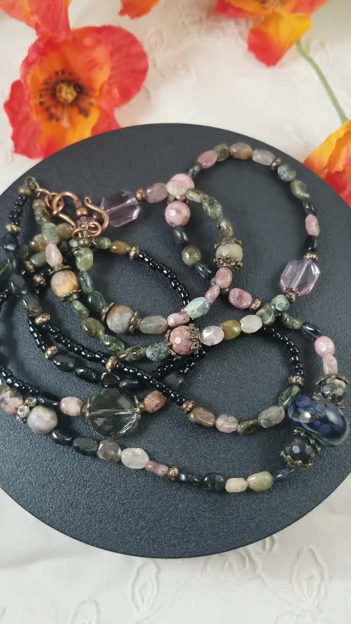 Rhodinite with retailer Rhodinite, Black Agate and Metal copper colored Beaded Necklace