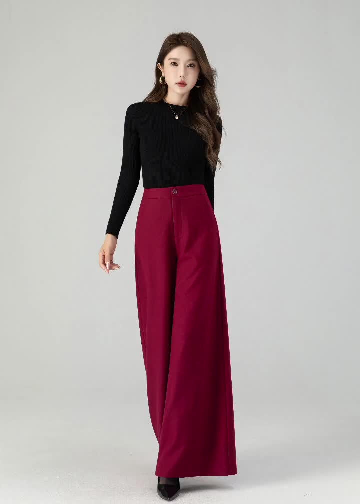 High waist burgundy wide leg long wool pants 4553 High waist burgundy wide leg long wool pants 4553