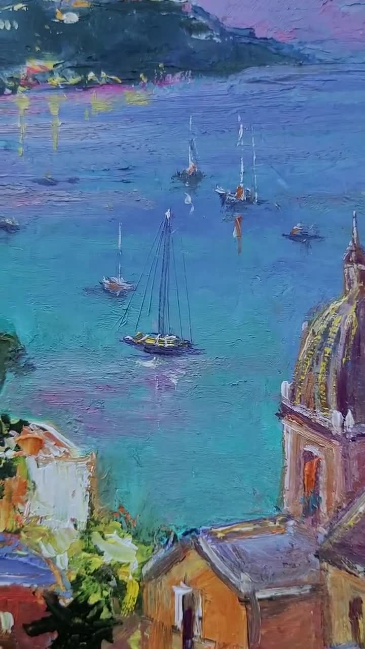 ポジターノの絵画：アマルフィ海岸のオリジナル油絵、イタリア（8x10
