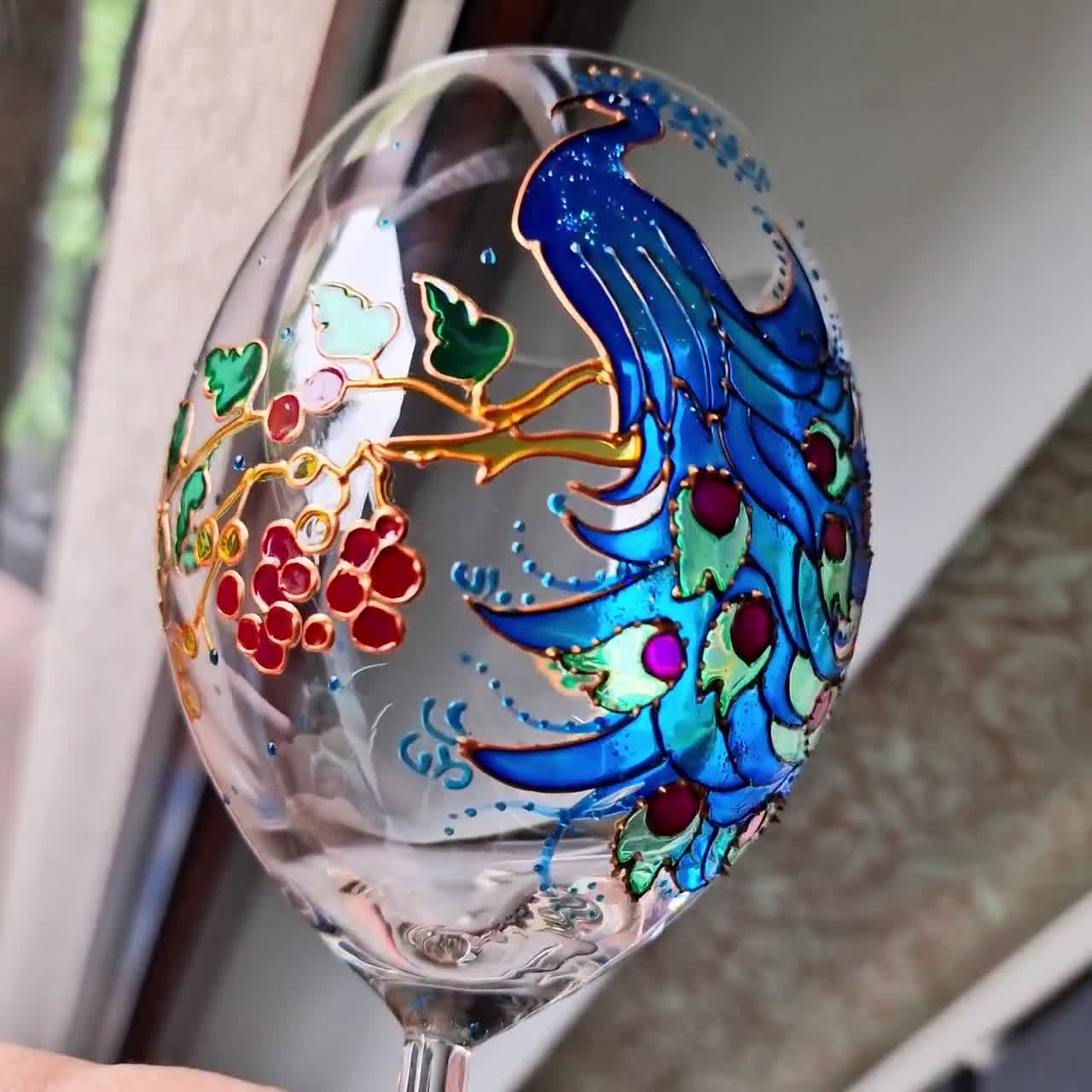 Painted Peacock Large Wine Glass Personalized Peacock Drinking Glass Bird Wine  Glass Anniversary Gift Colorful Glass 