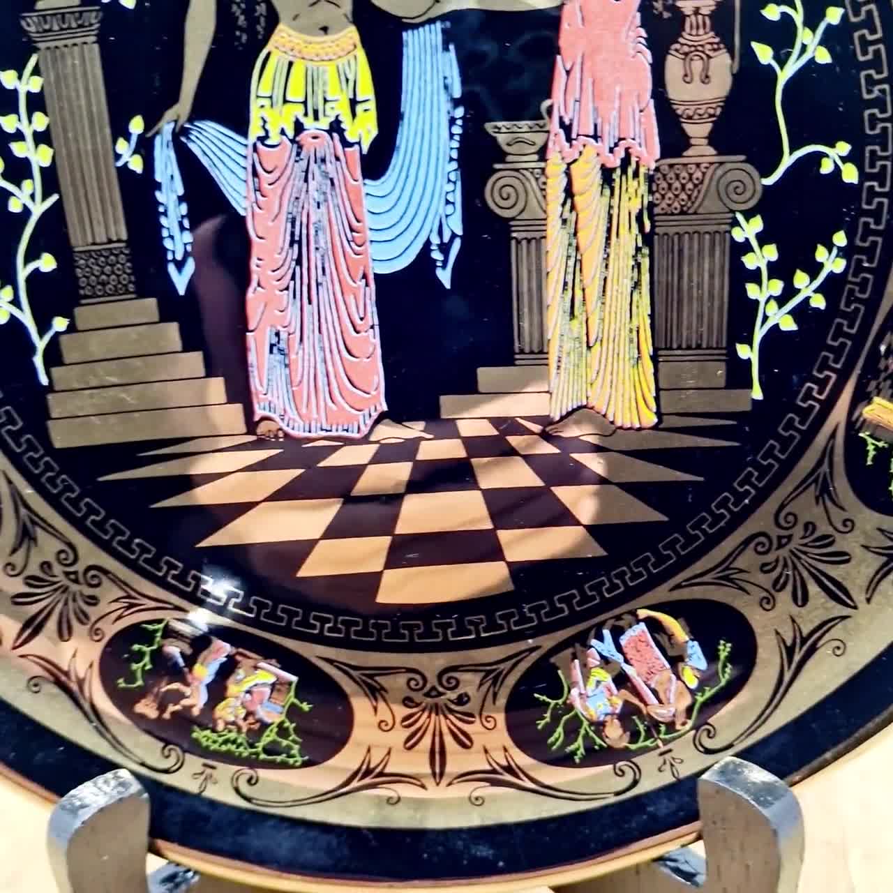 Vintage Adis 24k Gold Plated Greek Plate: Colorful Decorative