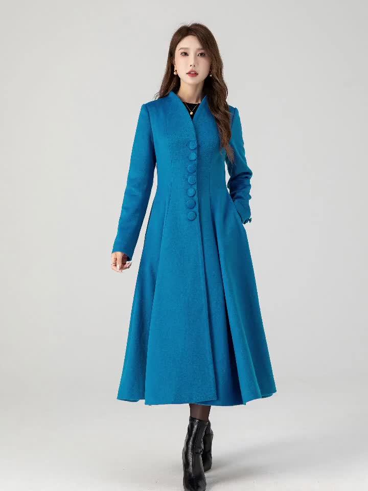 Wool Coat, Midi Wool Coat, Swing Wool Coat, Blue Wool Coat, Long