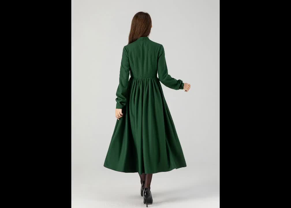 Vintage Inspired Winter Wool Dress Women, Mandarin Collar Wool Dress,  A-line Green Wool Dress, Retro Swing Long Dress, Xiaolizi 1621 -  Canada