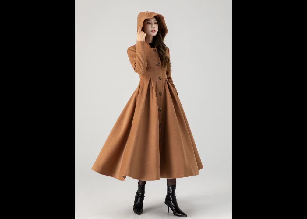 Womens Wool Coat, Long Swing Wool Coat, Hooded Wool Coat
