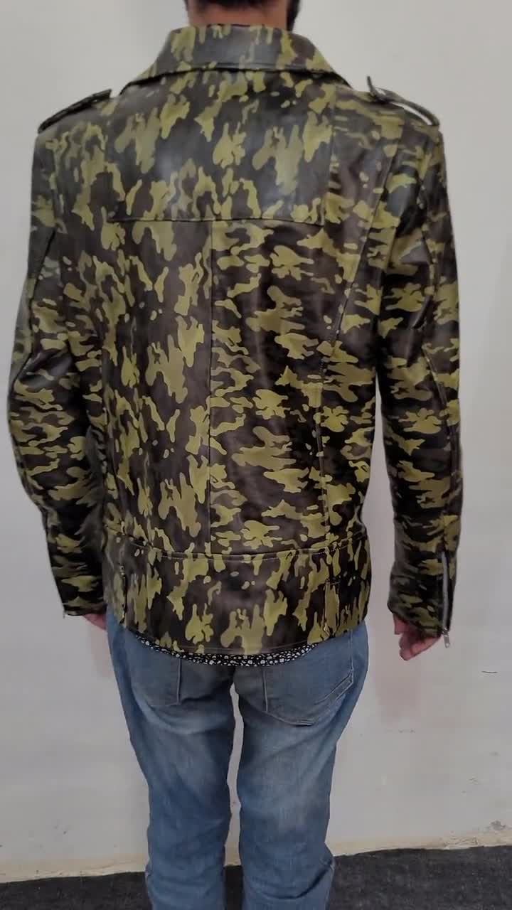 Men Camouflage Motorcycle Jacket Mens Real Leather Camo Biker Jacket