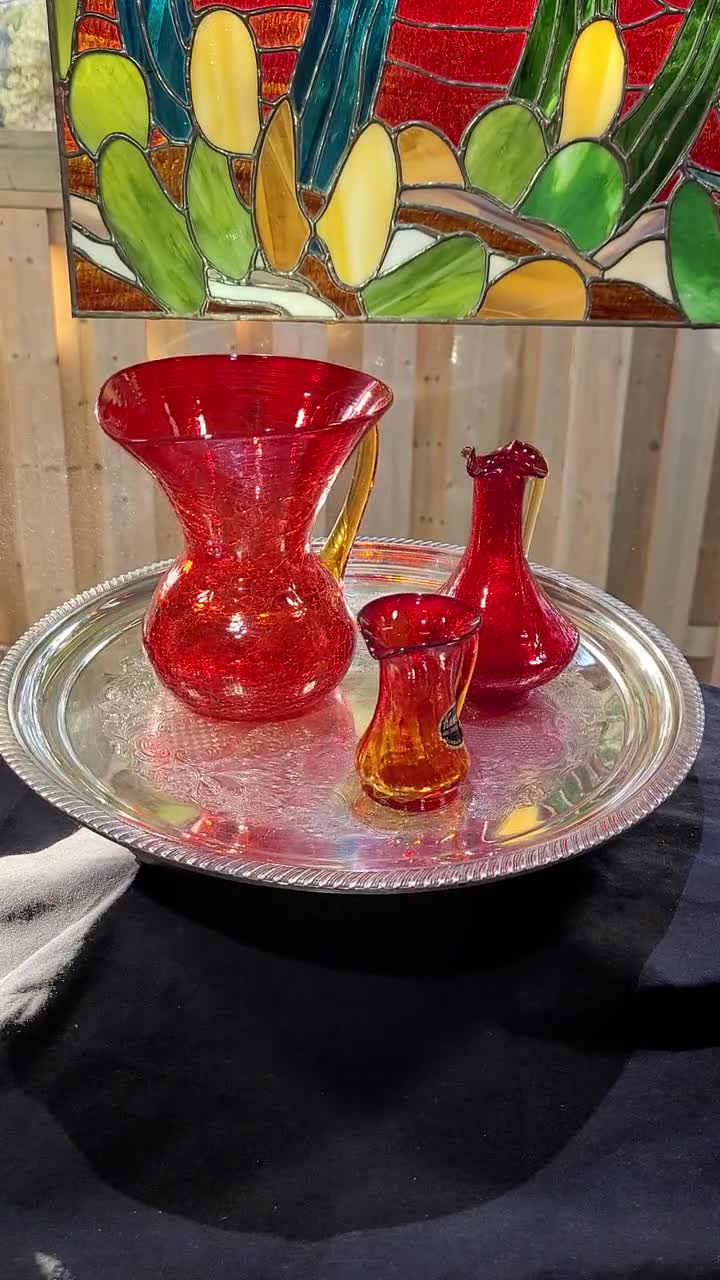 Vintage Amberina Crackle Glass Pitcher Set - Kanawha Art Glass - Etsy