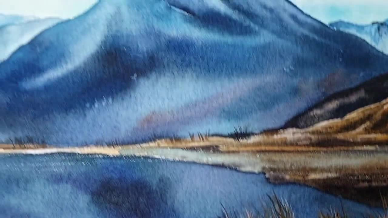 オリジナル水彩画、山の絵画、夕日の壁アート、湖の水彩画、湖の