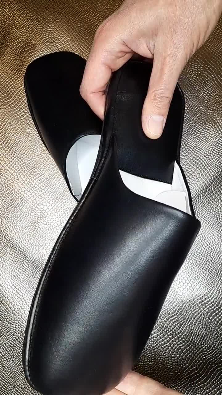 Black Leather Slippers for Men: Soft, Wide, Closed Toe Indoor