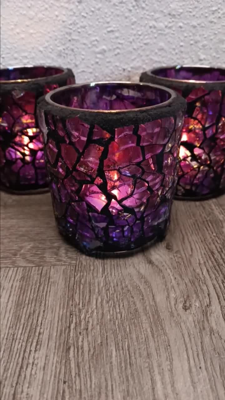 Set of buy 3 Tall Footed PURPLE Glass Mosaic Candle Votives, 12