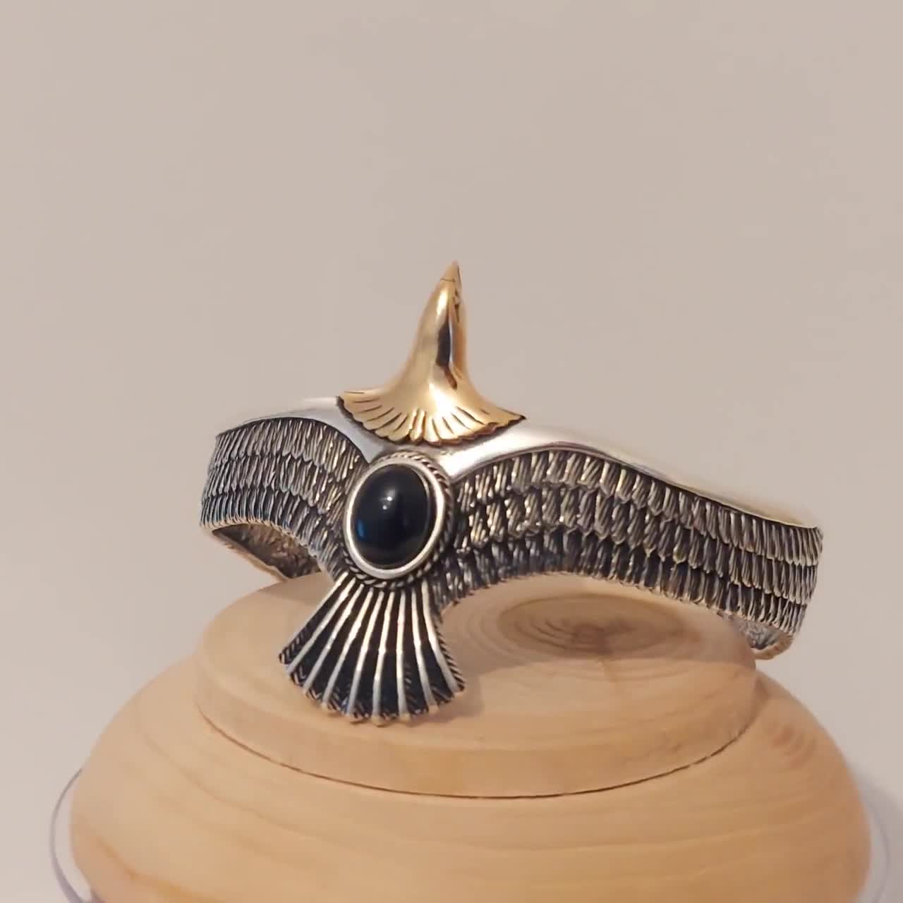 925 Sterling Silver Men's Handmade Black Onyx Stone Eagle