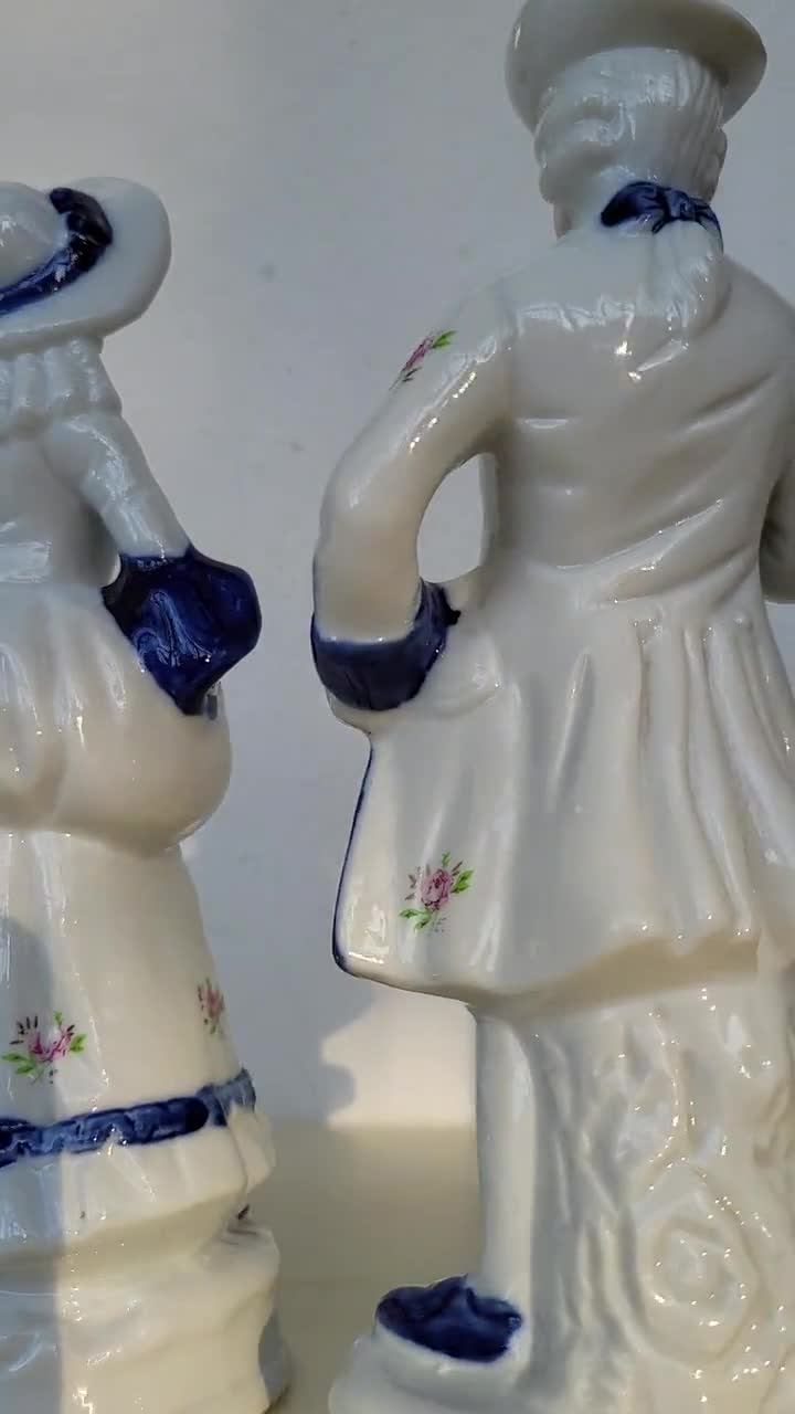 Blue and White Victorian Couple Porcelain Figurines, Hand-painted