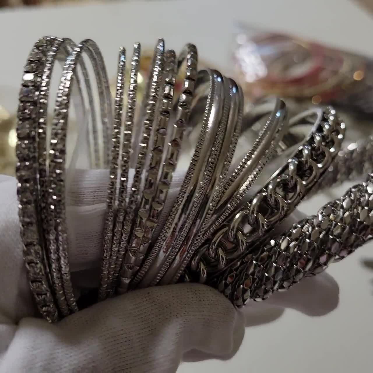 Vintage Silver Bangle Set: Rhinestone & Gunmetal Bracelets (12 Pcs