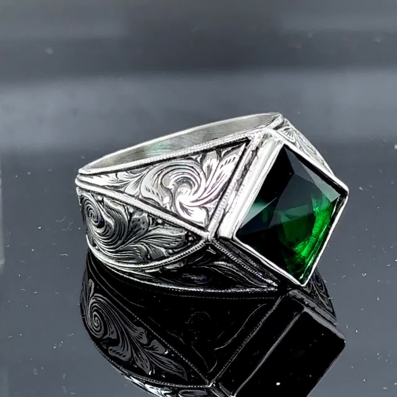 Green Panna Stone Ring For Men Mens Emerald Rings Men Silver Large