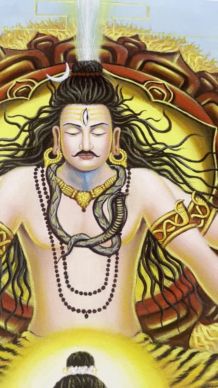 シヴァ・パールヴァティの合体絵画｜キャンバスに手描きされた