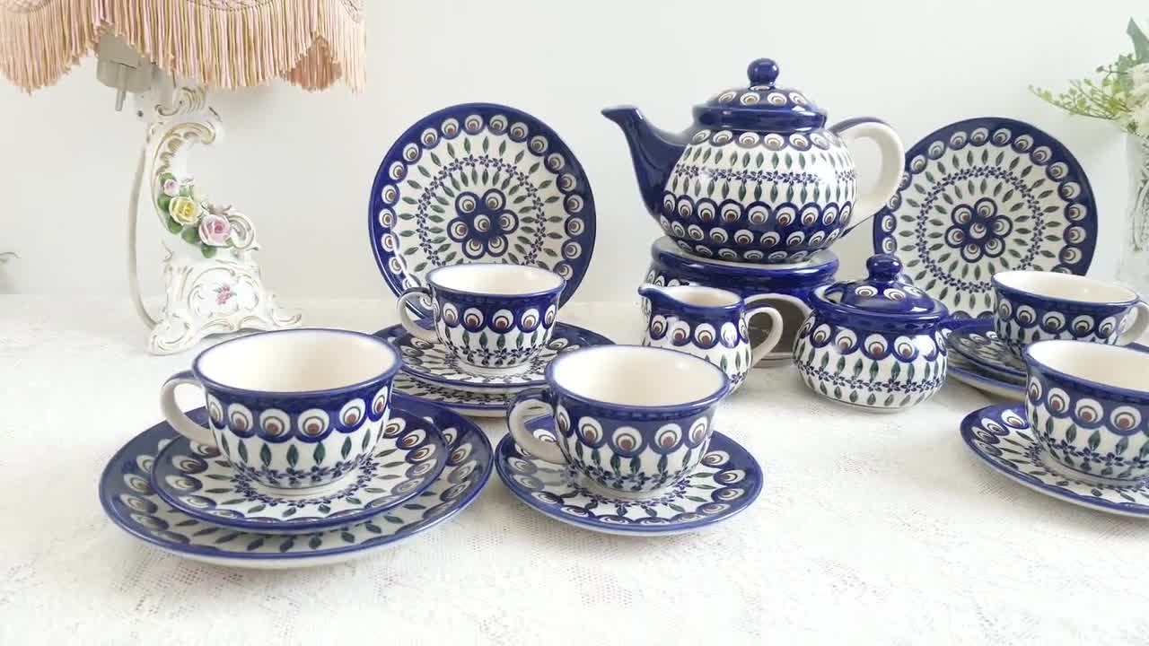Hand Painted Boleslawiec Pottery Peacock Pattern Dinner Set