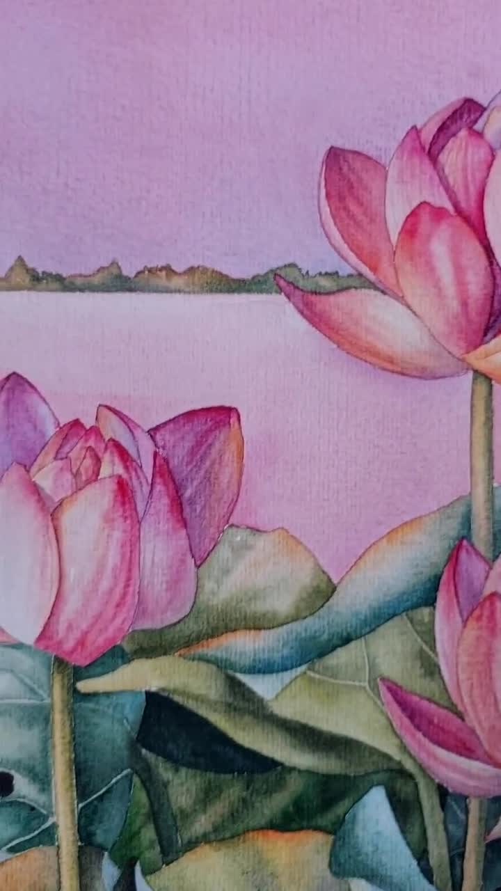 オリジナル水彩画、蓮の花の壁アート、蓮の絵、睡蓮の絵、蓮の花